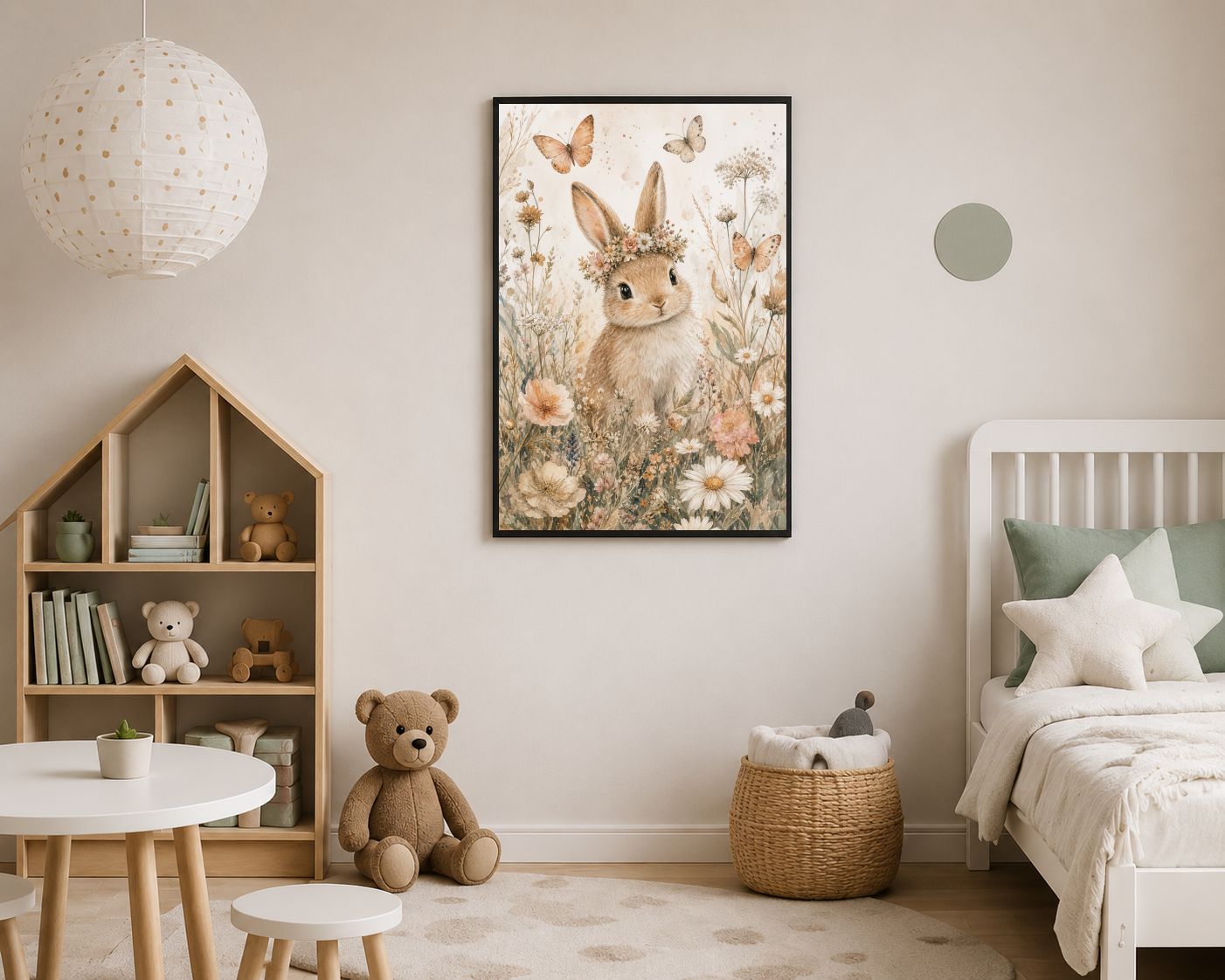 Çiçek Taçlı Tavşan ve Kelebekler Posteri