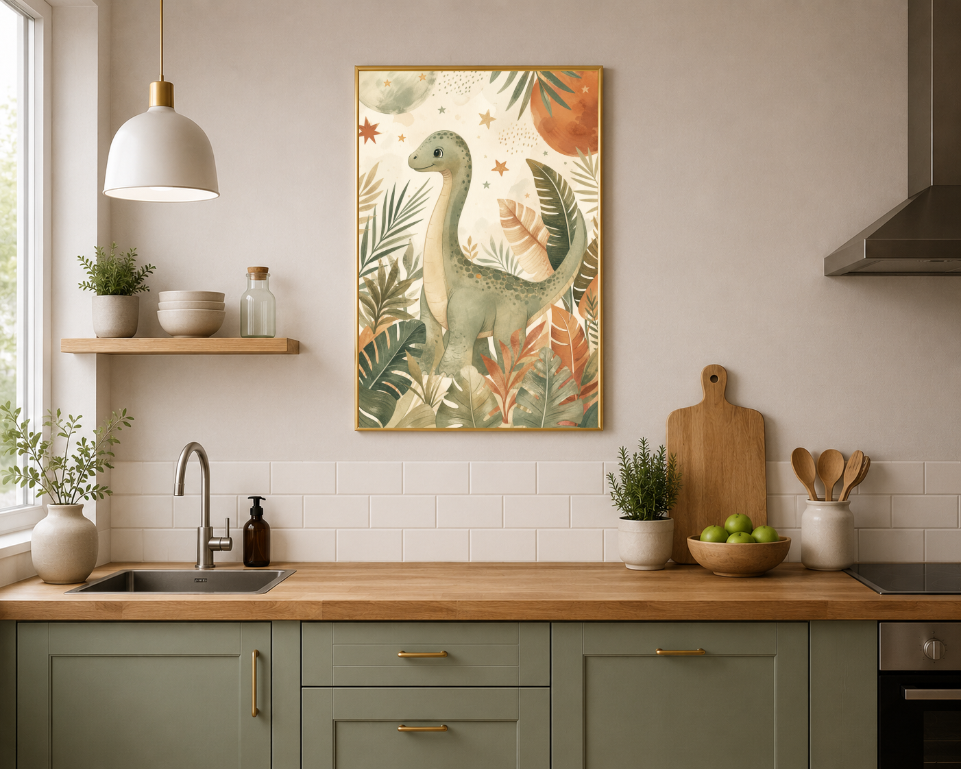 Tropikal Yapraklar Arasında Dinozor Posteri