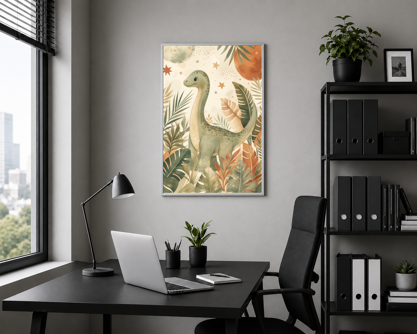 Tropikal Yapraklar Arasında Dinozor Posteri
