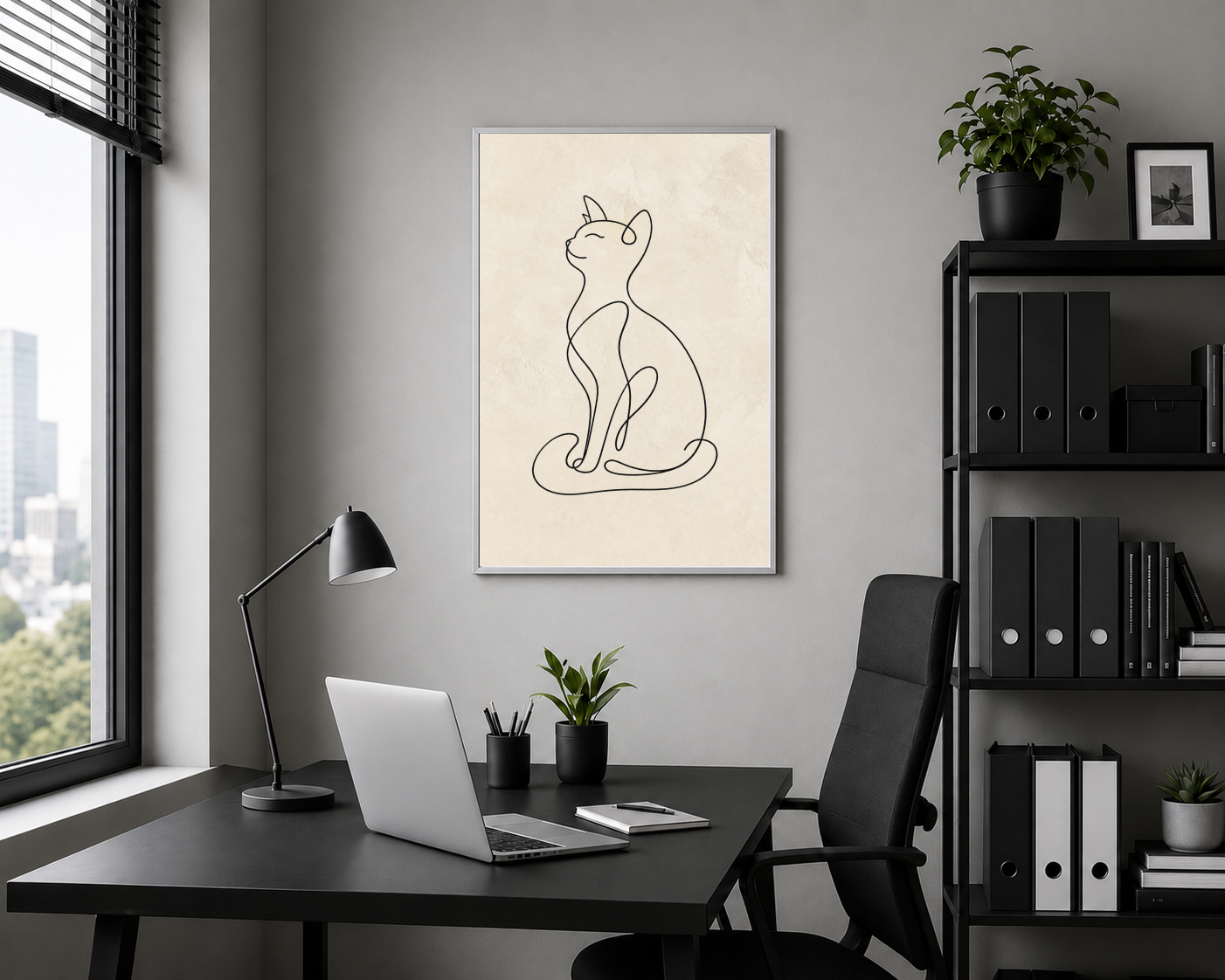 Tek Çizgi Oturan Kedi Posteri