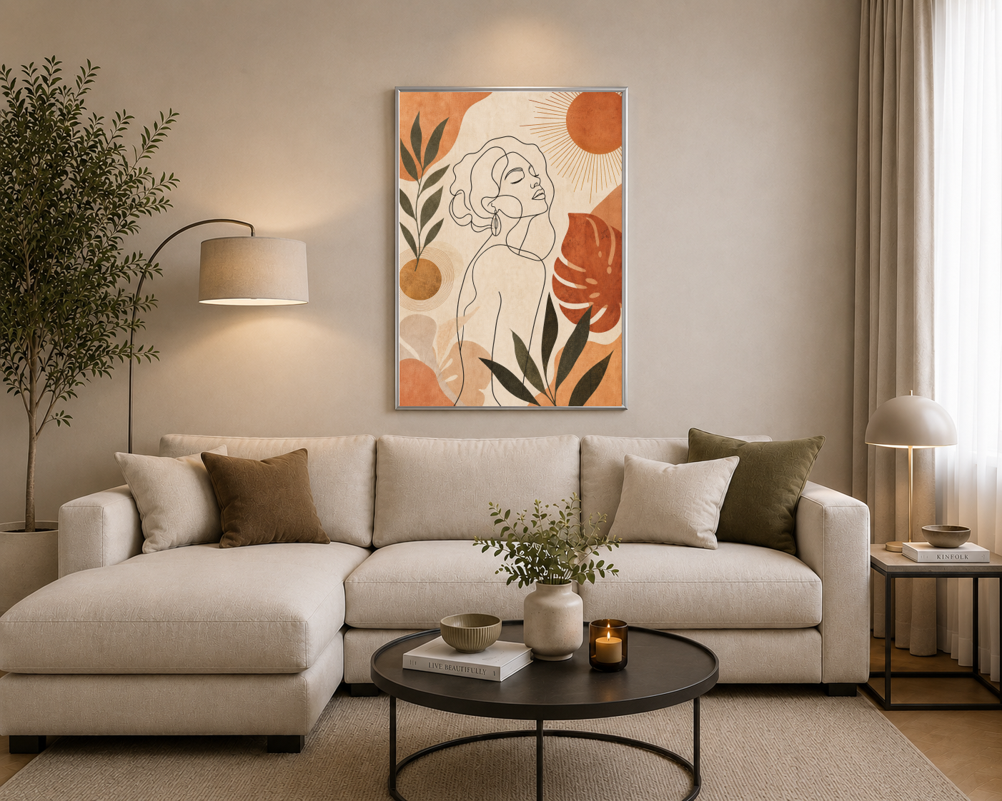 Güneşe Bakan Çizgisel Kadın Posteri