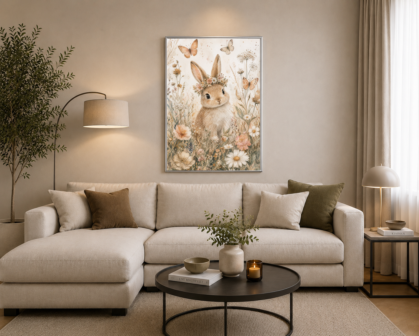 Çiçek Taçlı Tavşan ve Kelebekler Posteri