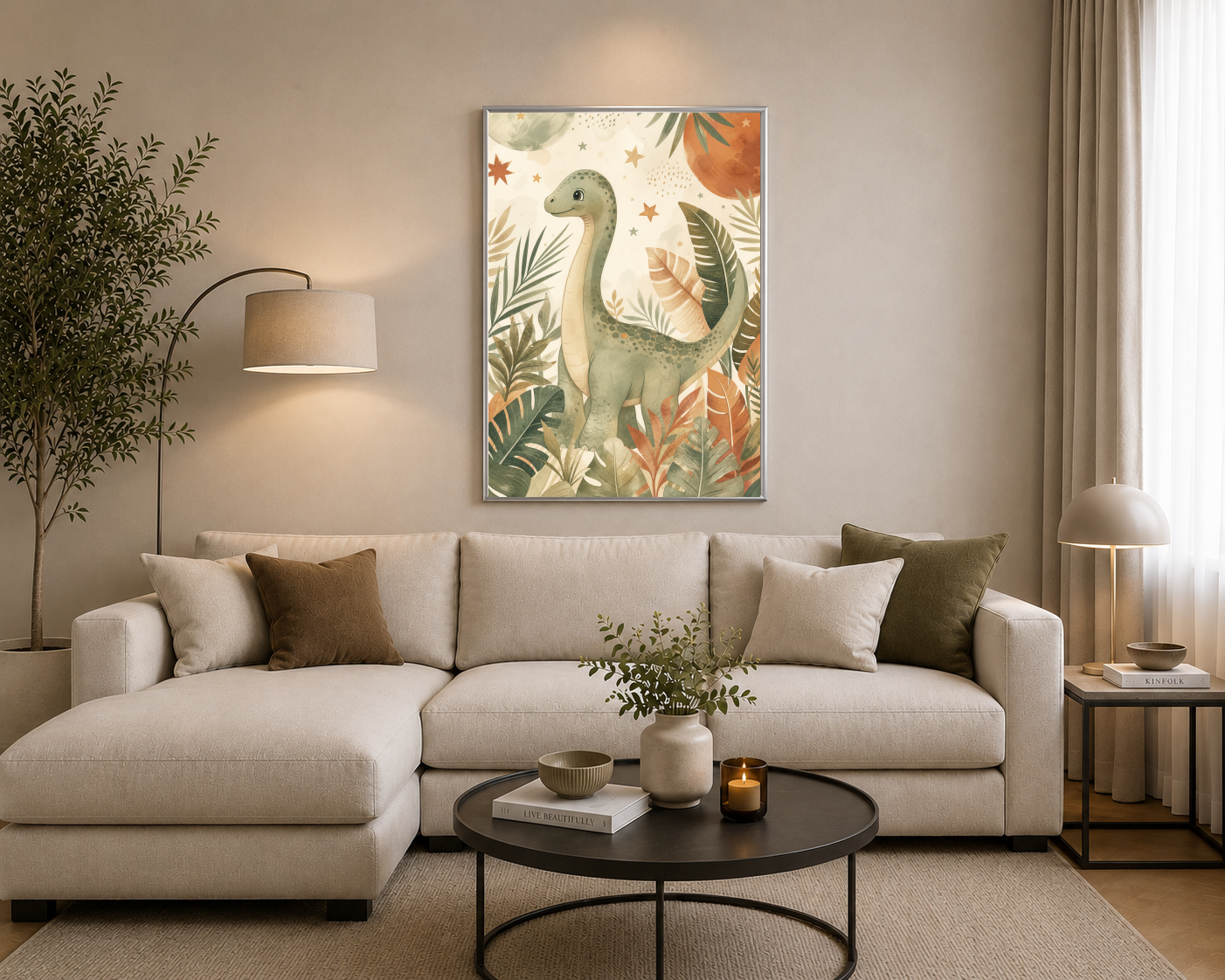 Tropikal Yapraklar Arasında Dinozor Posteri