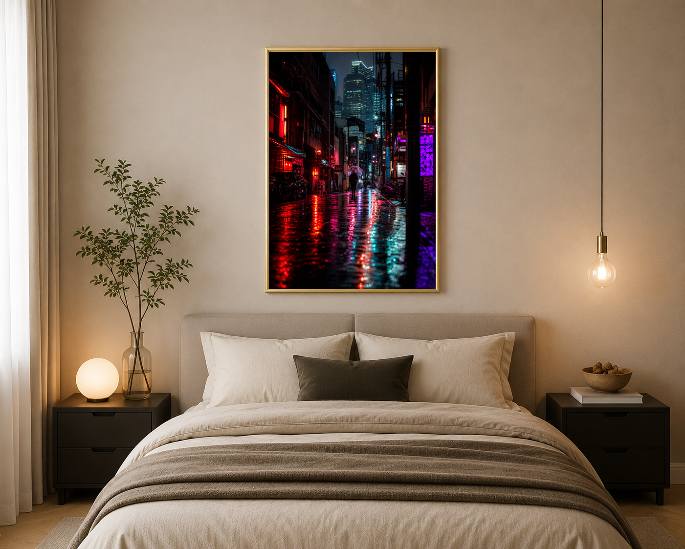 Yağmurlu Neon Şehir Sokağı Posteri