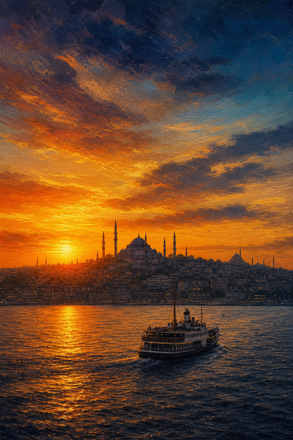 Gün Batımında Vapur ve Şehir Posteri